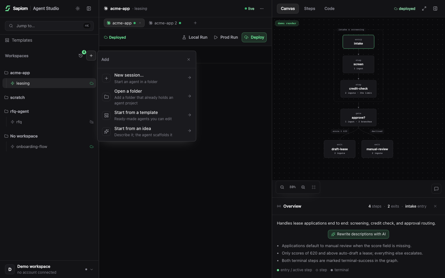 Agent Studio Add Workspace menu showing Open a folder, Start from a template, and Start from an idea.