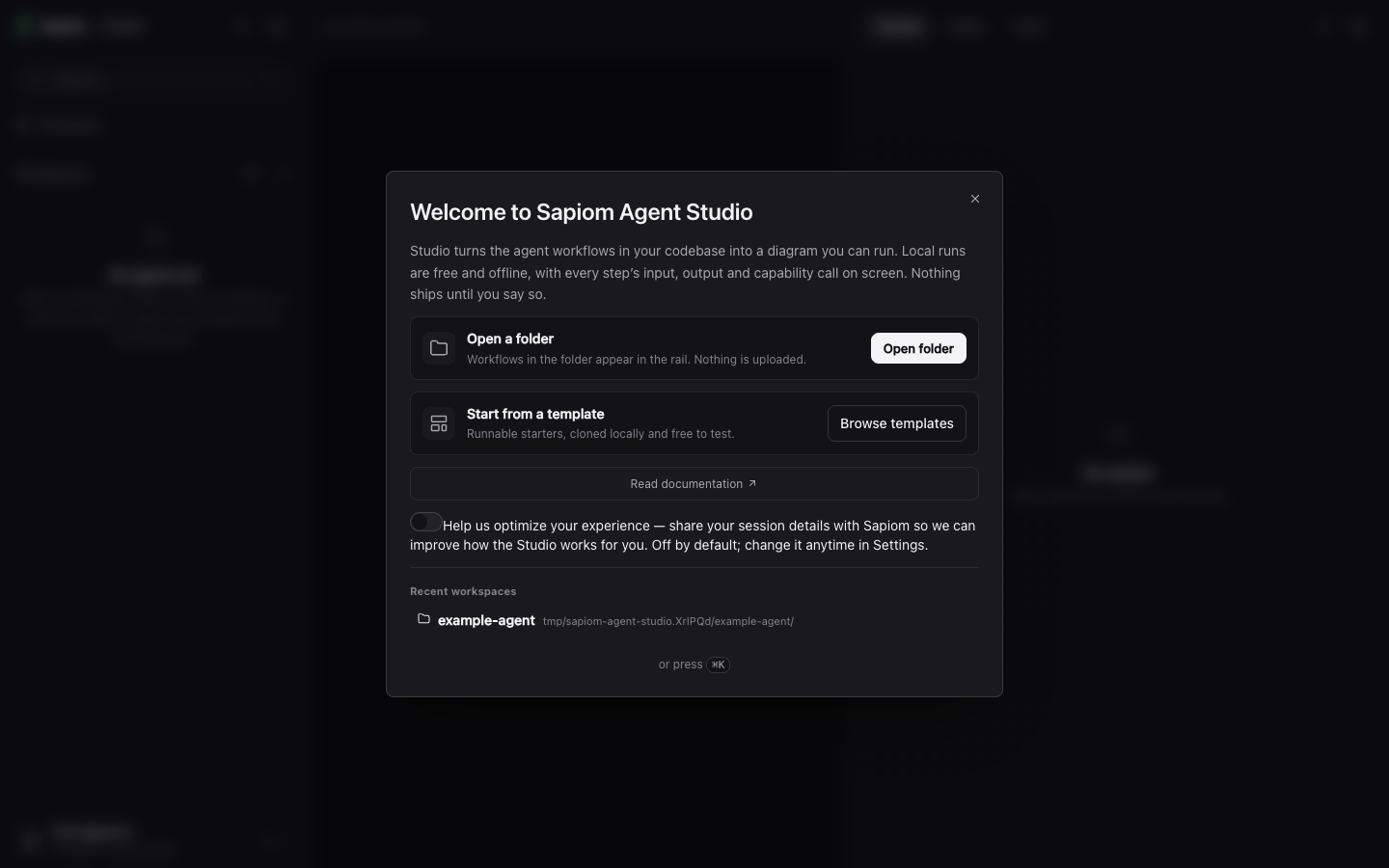 Agent Studio first-run welcome dialog with Open folder and Browse templates actions.
