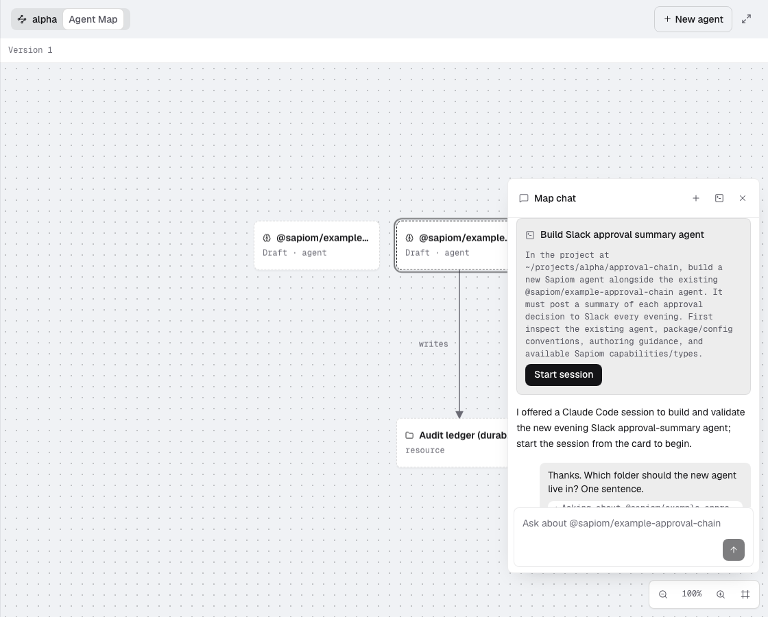 A hand-off card in the map chat titled Build Slack approval summary agent, with the prompt the chat wrote and a Start session button.