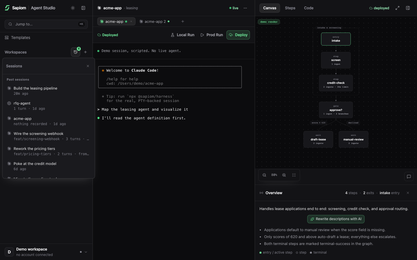 Agent Studio workspace rail, agent project, live session tabs, and session history.