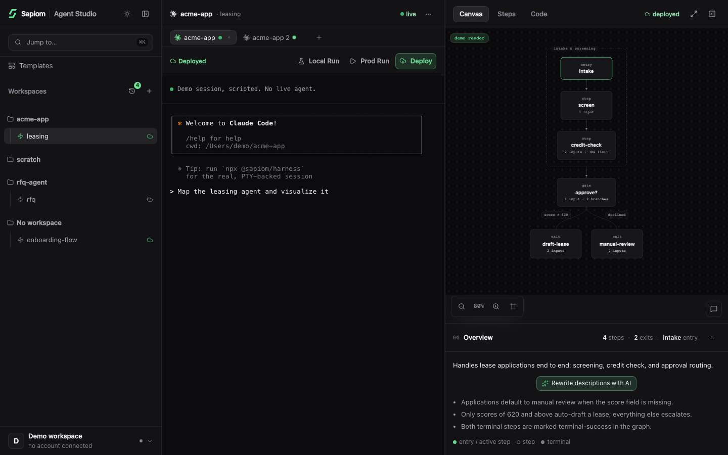 Agent Studio showing a bound agent, the Local Run, Prod Run, and Deploy actions, and its deterministic Canvas.